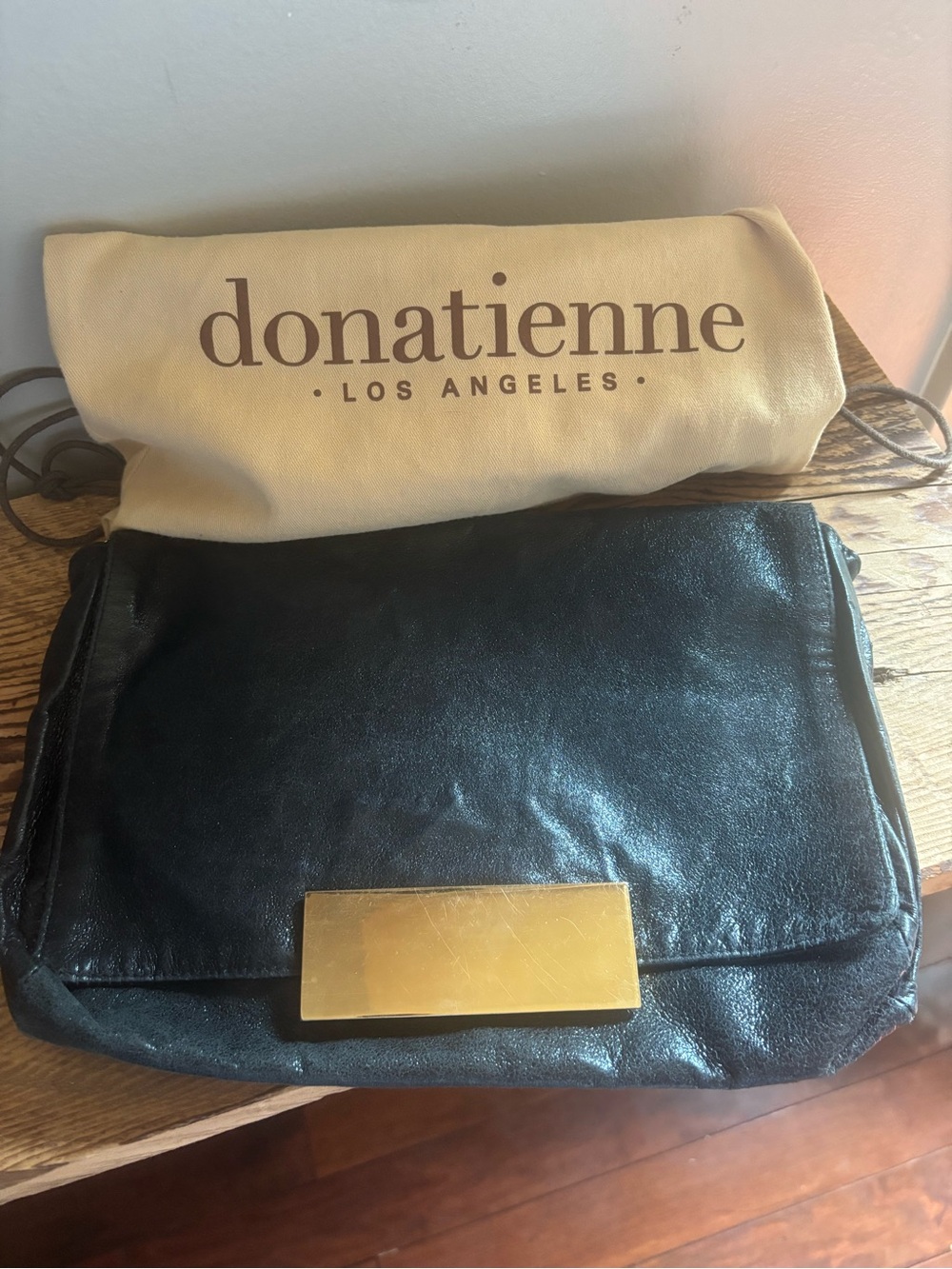 Donatienne Los Angeles Vintage Black Leather Clutch with Gold Hardware